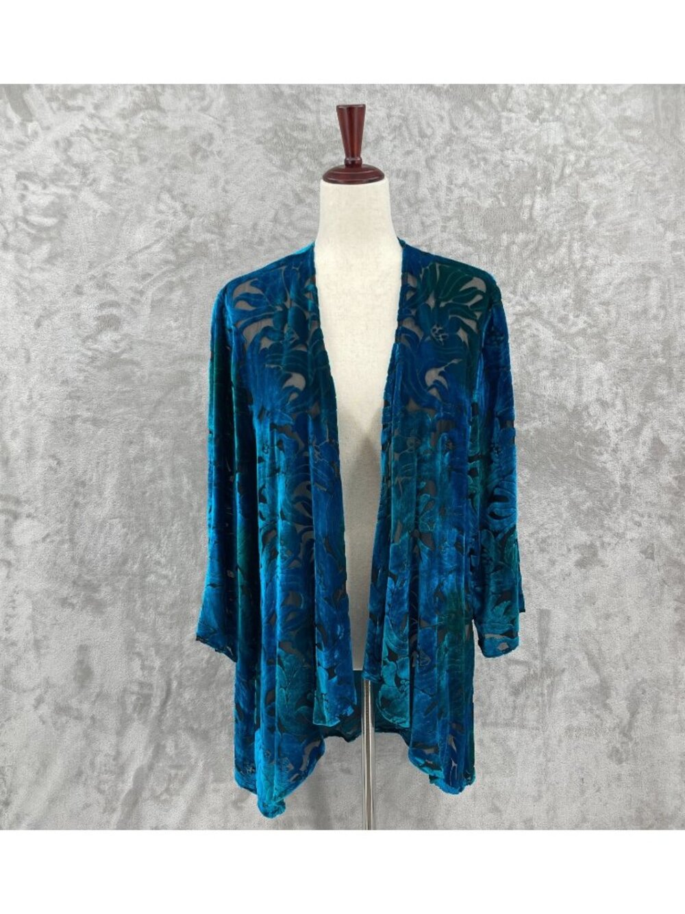 Cocoon House L/XL Peacock Blue Viscose Silk Velvet Burnout Draped Kimono Jacket